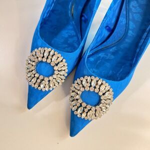 Zara Blue Satin Leopard Jacquard Crystal Buckle Pointed Toe Pumps Heels Size 41